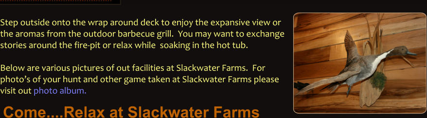 Step outside onto the wrap around deck to enjoy the expansive view or  the aromas from the outdoor barbecue grill.  You may want to exchange stories around the fire-pit or relax while  soaking in the hot tub.  Below are various pictures of out facilities at Slackwater Farms.  For photos of your hunt and other game taken at Slackwater Farms please visit out photo album. Come....Relax at Slackwater Farms